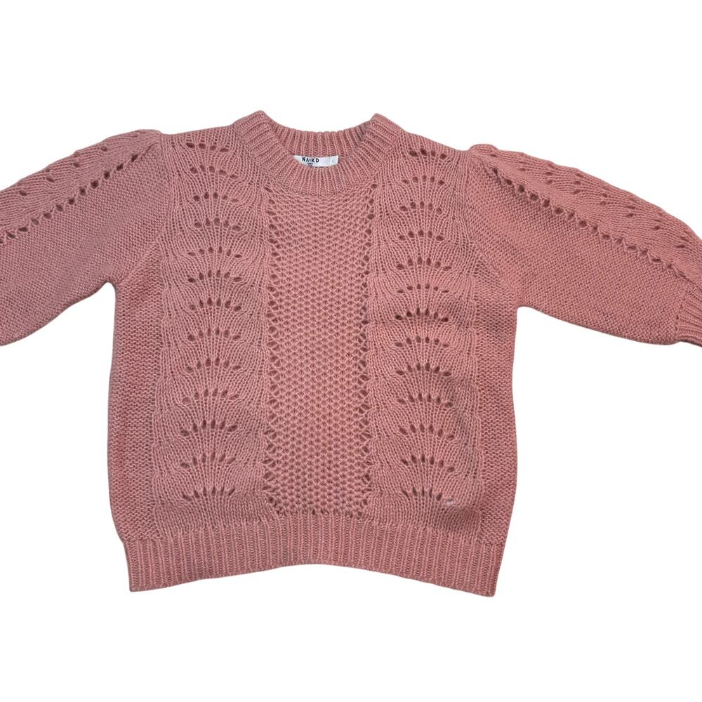NA-KD Women's Short Balloon Sleeve Sweater Pink Size L Open Knit Alpaca Blend